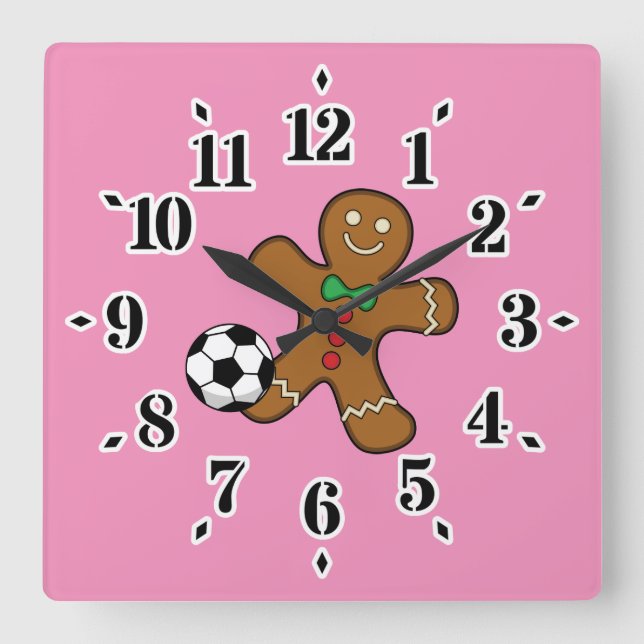 Relógio Quadrado Gingerbird Man Jogando Futebol (Frente)