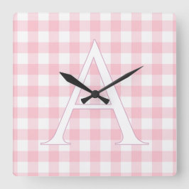 Relógio Quadrado Gingham Rosa Personalizado com Monograma