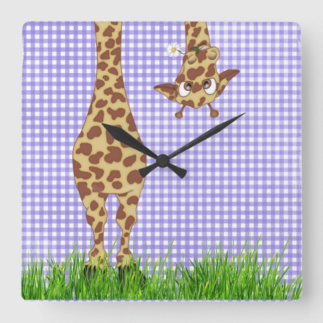 Relógio Quadrado Girafa e Daisy em Gingham (Frente)