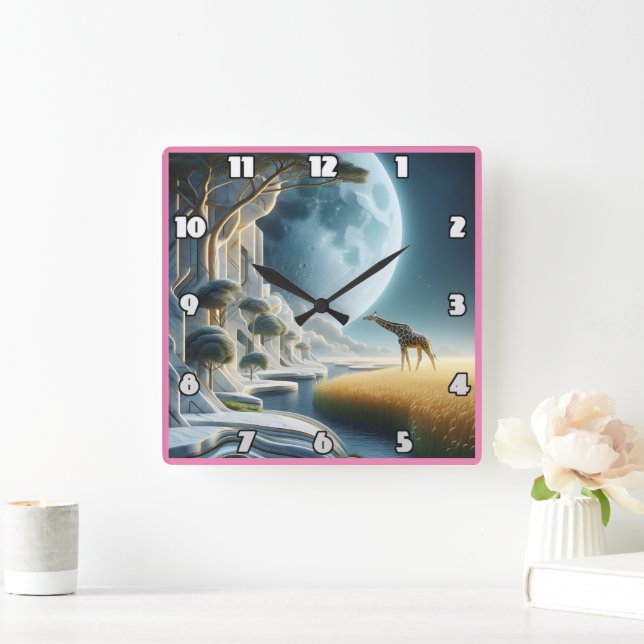 Relógio Quadrado Girafa esfola debaixo da lua na África (Lar)