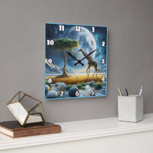 Relógio Quadrado Girafa majestosa vagando sob o céu iluminado