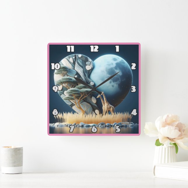 Relógio Quadrado Girafa olha para a savana lua na África (Lar)