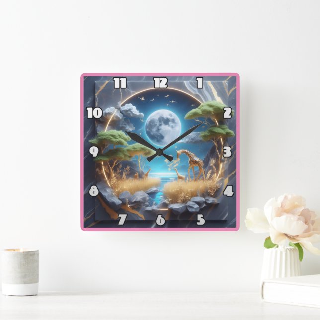 Relógio Quadrado Girafa vagueando sob lua em África (Lar)