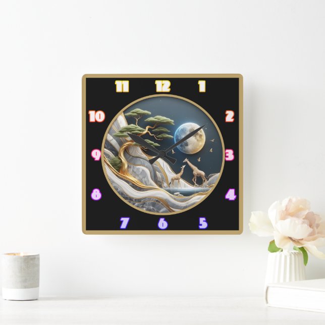 Relógio Quadrado Girafas caminham sob o luar africano (Lar)