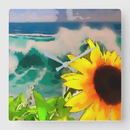 Relógio Quadrado Girassol na praia