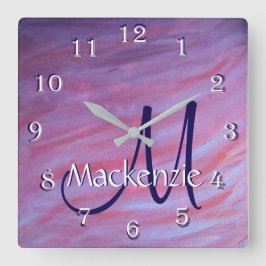 Relógio Quadrado Girly Zebra Abstrato | Monograma roxo, cor-de-rosa