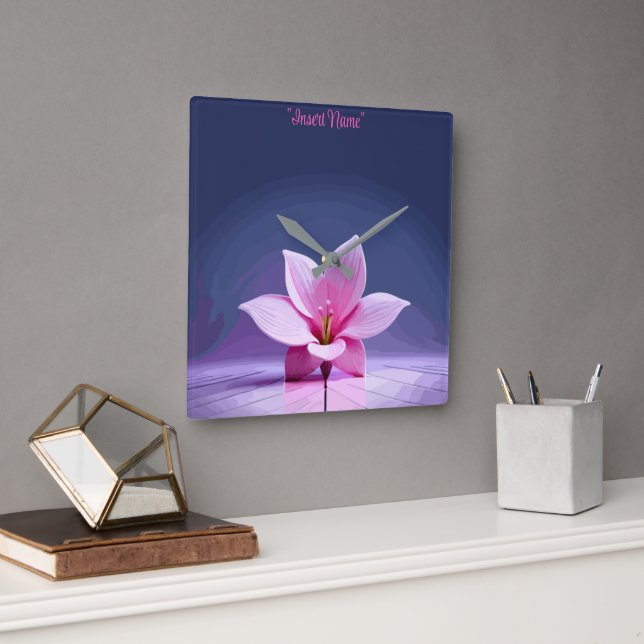 Relógio Quadrado Gladiolos Dimensionais: Obra-Prima Rosa e Roxa (Escritório)