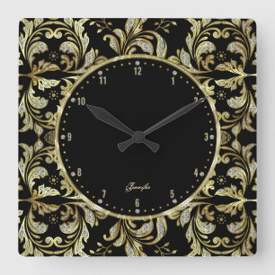 Relógio Quadrado Glamours Preto, Dourado e Brilho Branco