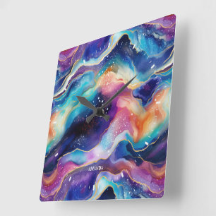 Relógio Quadrado Glitter colorido do arco-íris estético