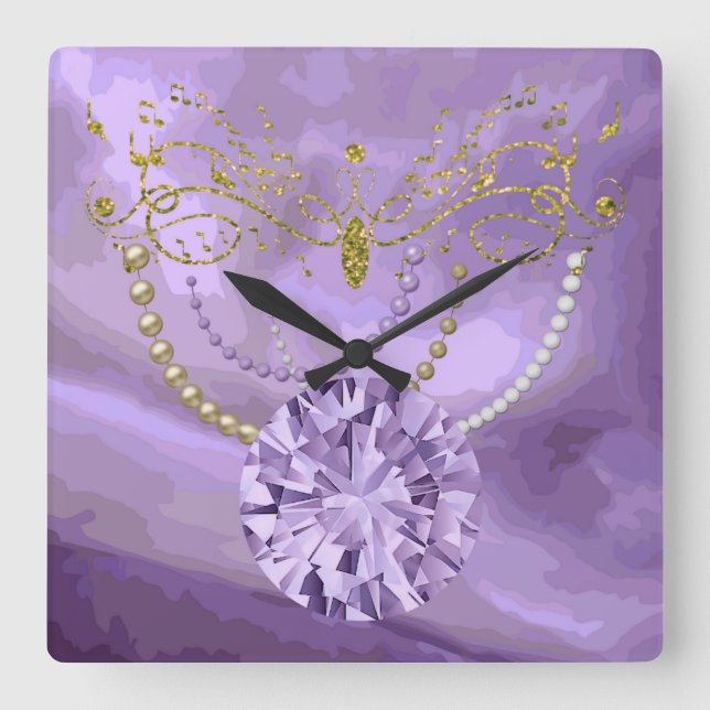 Relógio Quadrado Glitter Roxo Dourado Música e Joias PraçaWallClock (Frente)