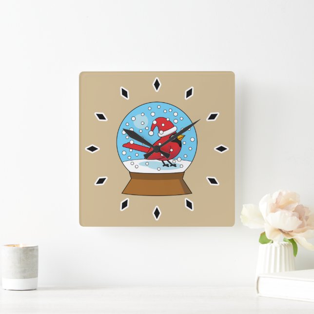 Relógio Quadrado Globo de Neve com Cardeal Vermelho Bonito (Lar)