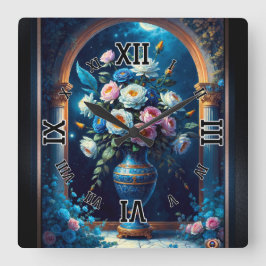 Relógio Quadrado Glorioso Buquê Floral Sob Um Céu Luar