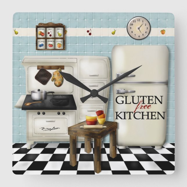 Relógio Quadrado Gluten Free Kitchen Clock - Teal (Frente)
