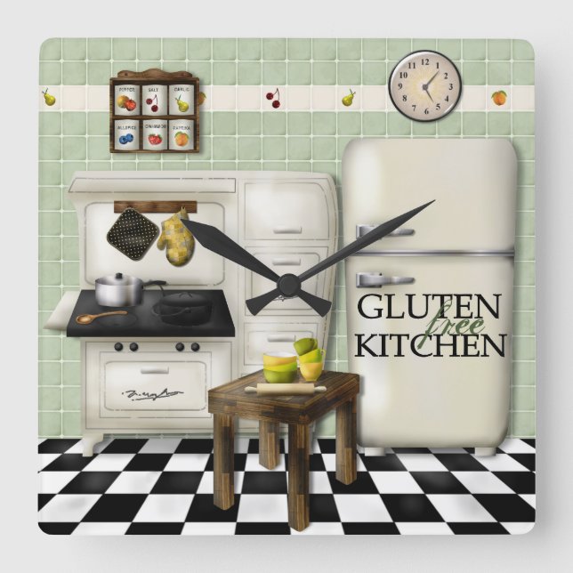 Relógio Quadrado Gluten Free Kitchen Green Clock (Frente)