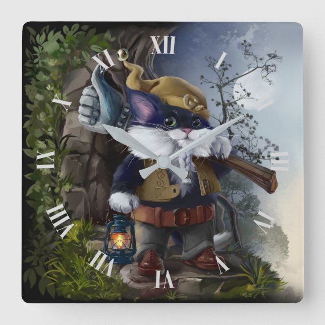 Relógio Quadrado Gnome cat com martelo e lâmpada vai funcionar (Frente)