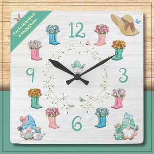 Relógio Quadrado Gnomo de Jardim Caprichoso e Botas Florais