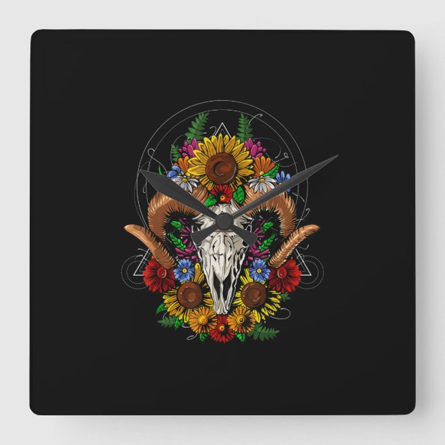 Relógio Quadrado Goat Skull Psychedelic Sunflower (Frente)