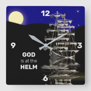 RELÓGIO QUADRADO GOD IS AT THE HELM SHIP CLOCK, CHRISTIAN