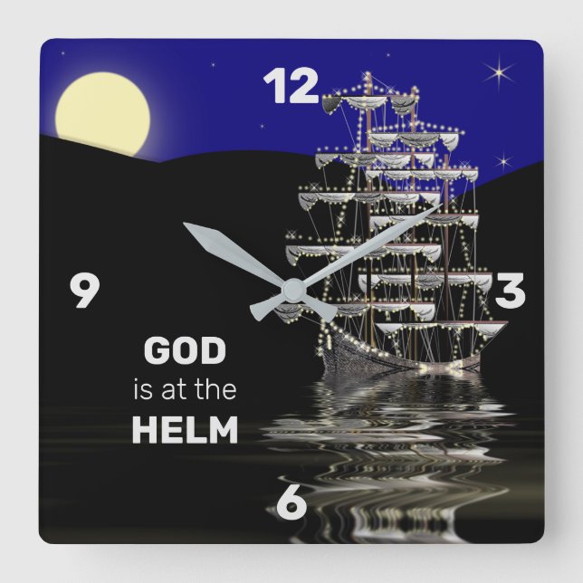 RELÓGIO QUADRADO GOD IS AT THE HELM SHIP CLOCK, CHRISTIAN (Frente)