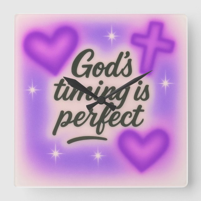 Relógio Quadrado god's timing is perfect airbrush retro 90s purple  (Frente)