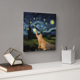 Relógio Quadrado Gogh Gatinho Starry Night Cat