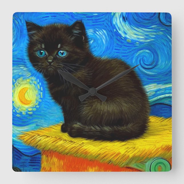 Relógio Quadrado Gogh Style Starry Night Cat (Frente)