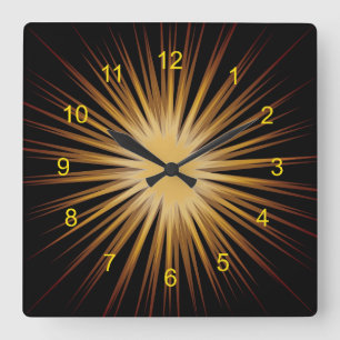 Relógio Quadrado Gold and Black Sunburst Design Wall Clock