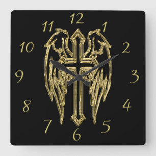 Relógio Quadrado Gold catholic cross with wings