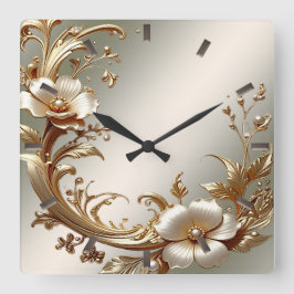 Relógio Quadrado Gold Floral Wall Clock