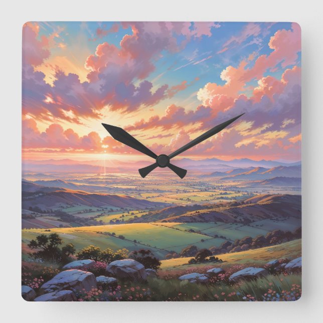 Relógio Quadrado Golden Hills - Vibrant Landscape Illustration (Frente)