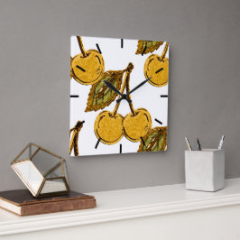 Relógio Quadrado Golden Metallic Cherries Pattern