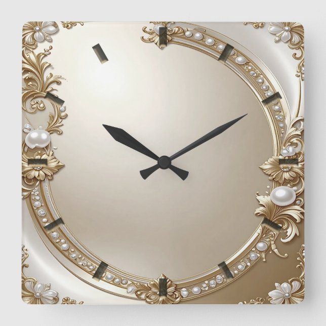 Relógio Quadrado Golden Ornate Frame with Pearls Wall Clock (Frente)