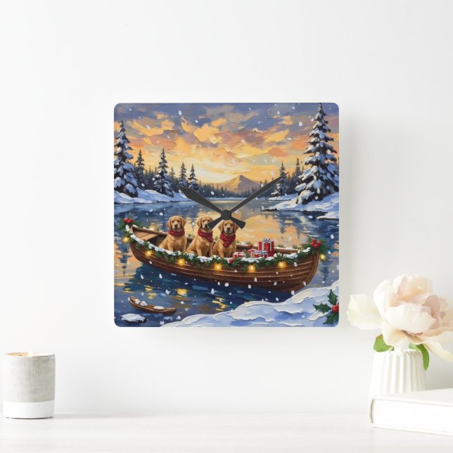 Relógio Quadrado Golden Retriever Christmas Boat Holiday (Lar)