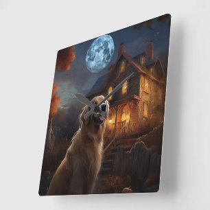 Relógio Quadrado Golden Retriever Halloween Assustador