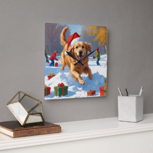 Relógio Quadrado Golden Retriever na Neve com Chapéu de Natal