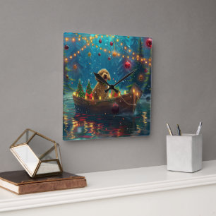 Relógio Quadrado Goldendoodle Natal Viagem Festiva