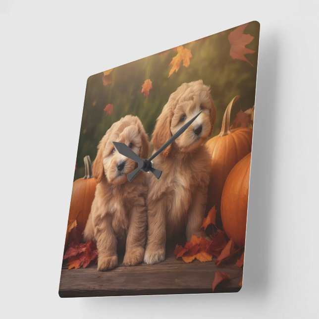 Relógio Quadrado Goldendoodle Puppy Autumn Delight Pumpkin (Ângulo)