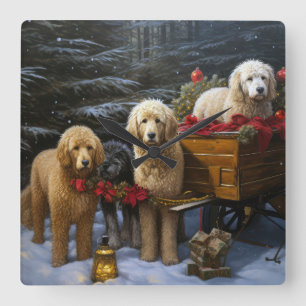 Relógio Quadrado Goldendoodle Snowy Sleigh Decência de Natal
