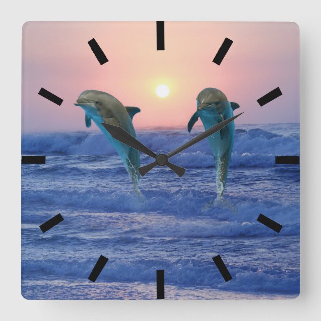 Relógio Quadrado Golfinho de Gargalos no nascer do Sol (Frente)