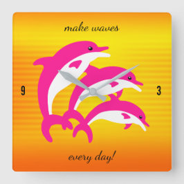 Relógio Quadrado Golfinhos Rosa Dançando no Sol Tropical