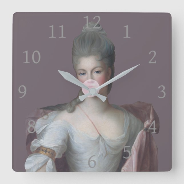 Relógio Quadrado Goma-bolha Diva soprando uma pastilha elástica ros (Frente)