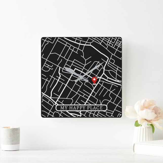 Relógio Quadrado Google Home Location Mapear meu feliz texto branco (Lar)