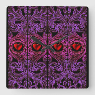 Relógio Quadrado Gótico Purple Ornament com Coração