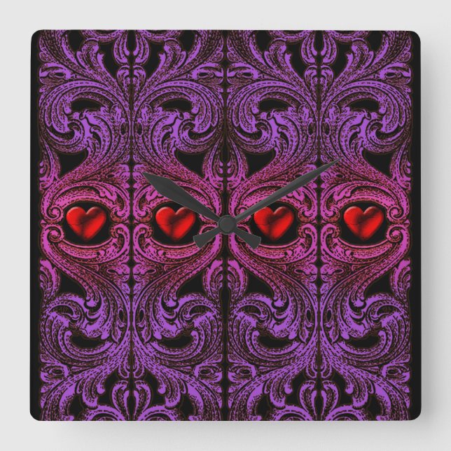 Relógio Quadrado Gótico Purple Ornament com Coração (Frente)