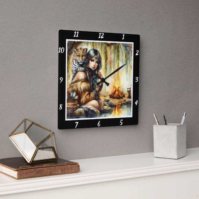 Relógio Quadrado Graça Nativa: Dança do Tiger Paws Stream (Escritório)