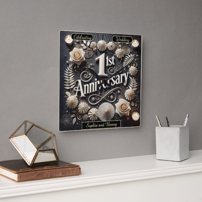 Relógio Quadrado Gracious 1º Aniversário Coroa de Papel (Escritório)