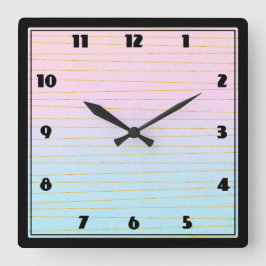 Relógio Quadrado Gradiente de Pastel Azul Rosa com Linhas Douradas