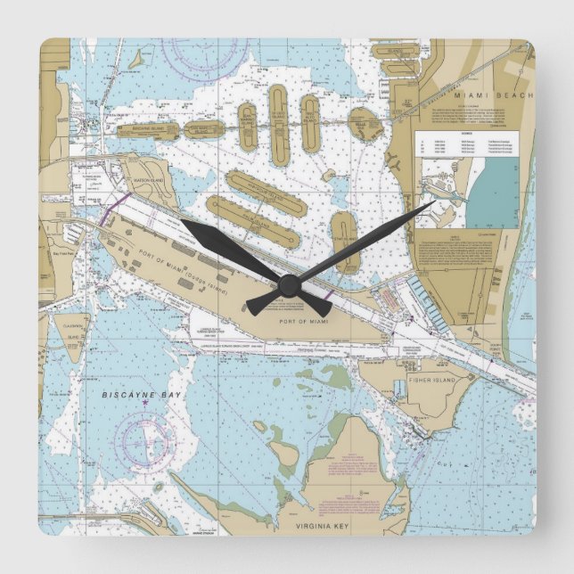 Relógio Quadrado Gráfico náutico do Porto de Miami (Frente)