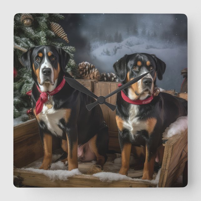 Relógio Quadrado Grande Montanha Suiça Snowy Sleigh Natal (Frente)