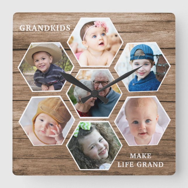 Relógio Quadrado Grandkids Make Life Grand 7 Photo Collage Wood (Frente)